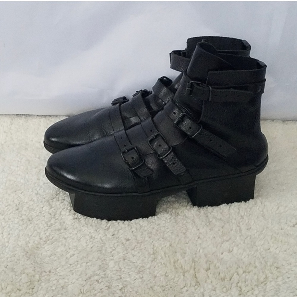 Trippen Black Leather Four Buckle Ankle Boots